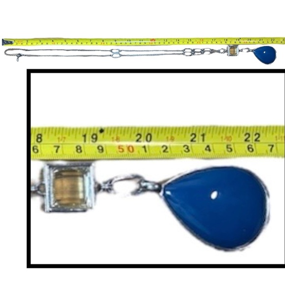 Silver Tone Necklace with Blue Acrylic Teardrop Pendant, [22” Matinee Length] - Picture 6 of 6